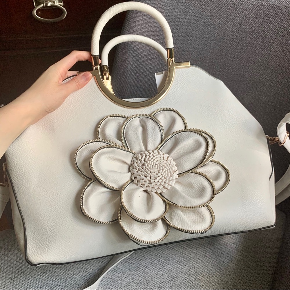 White Floral Accent Large Tote